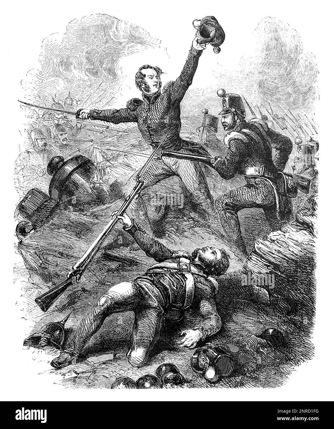 Acting Brigadier General  Charles Ash Windham (known as the Hero of the Redan) entering the Russian redan at the Battle of the Great Redan during the Siege of Sevastopol, Crimean War, September 1855. Black and White Illustration Stock Photo