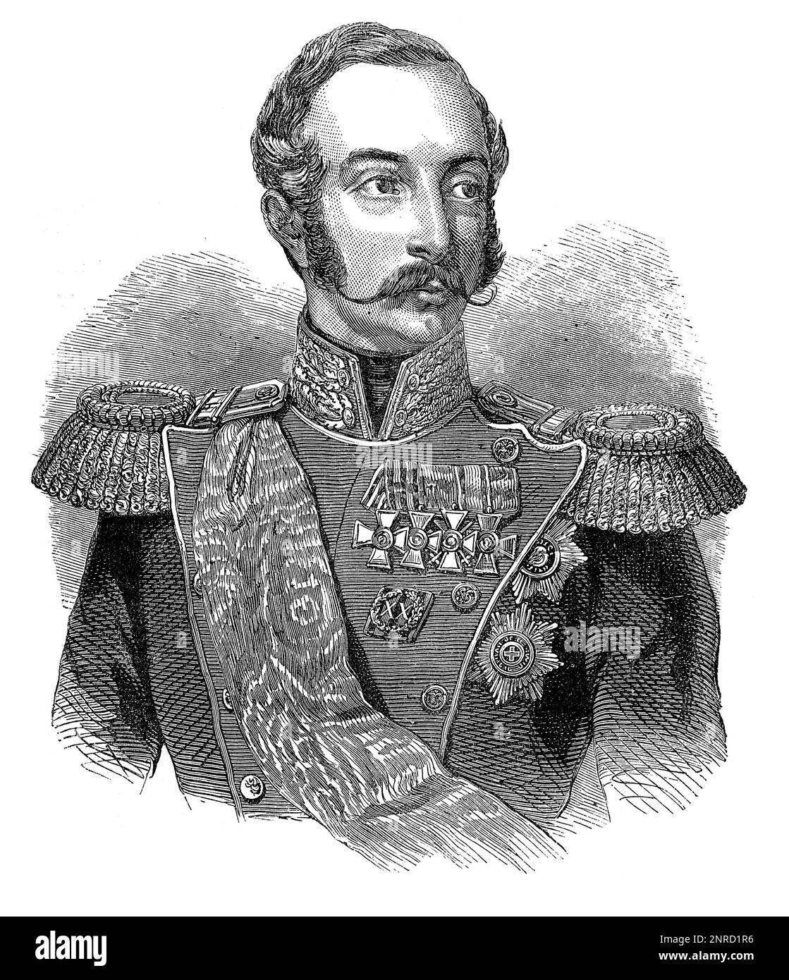 Portrait of Alexander II of Russia, Emperor of Russia, King of Poland and Grand Duke of Finland from 2 March 1855 until his assassination in 1881. Black and White Illustration Stock Photo