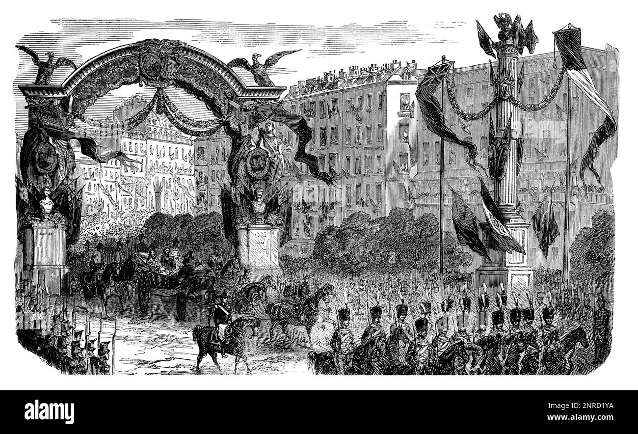 The Royal Procession of Queen Victoria and Albert the Prince Consort in Paris, 1855, during their visit to The Emperor of France, Napoleon III. Not for 400 years had an English monarch beheld the sights of Paris. Black and White Illustration Stock Photo