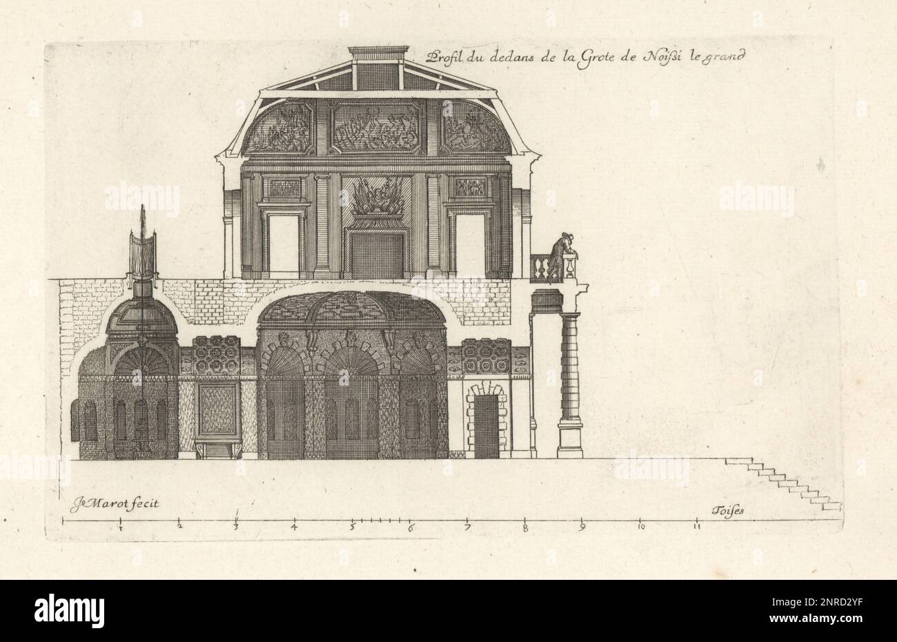 Section of the interior of the Grotto at the Chateau de Noisy-le-Grand or Noisy le Roi). Built for Albert de Gondi in 1582 and acquired by King Louis XIV. Demolished. Profil du dedans de la Grote de Noissi le grand. Copperplate engraving drawn and engraved by Jean Marot from his Recueil des Plans, Profils et Elevations de Plusieurs Palais, Chasteaux, Eglises, Sepultures, Grotes et Hotels, Collection of Plans, Profiles and Elevations of Palaces, Castles, Churches, Tombs, Grottos and Hotels, chez Mariette, Paris, 1655. Stock Photo