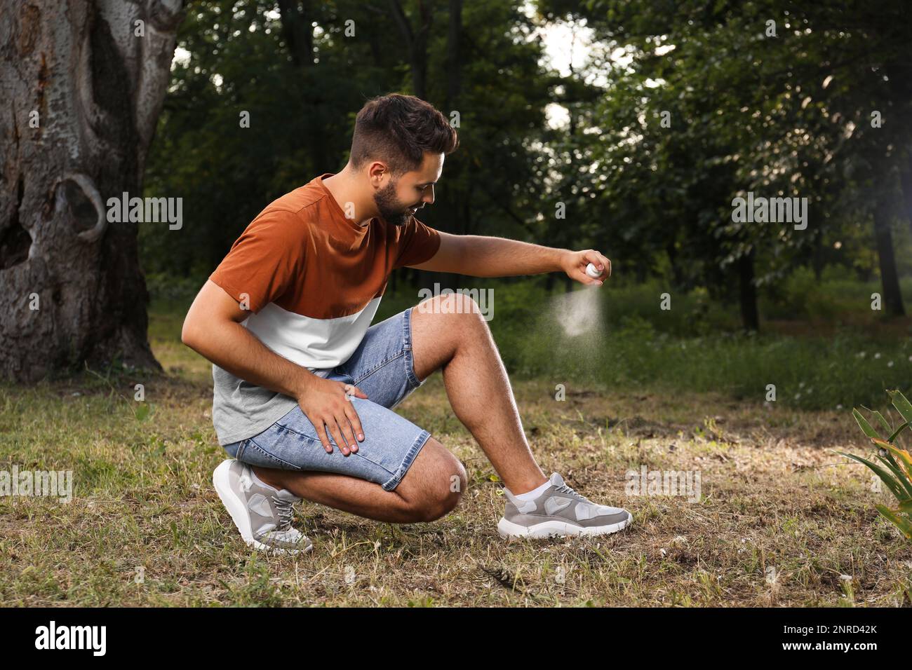 Man applying insect repellent on leg in park. Tick bites prevention