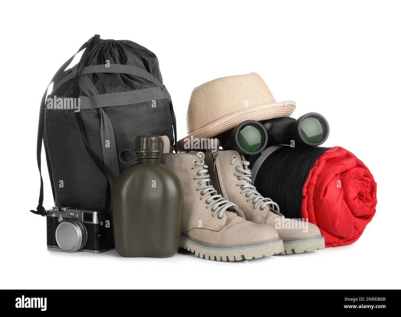 Set of camping equipment for tourist on white background Stock Photo