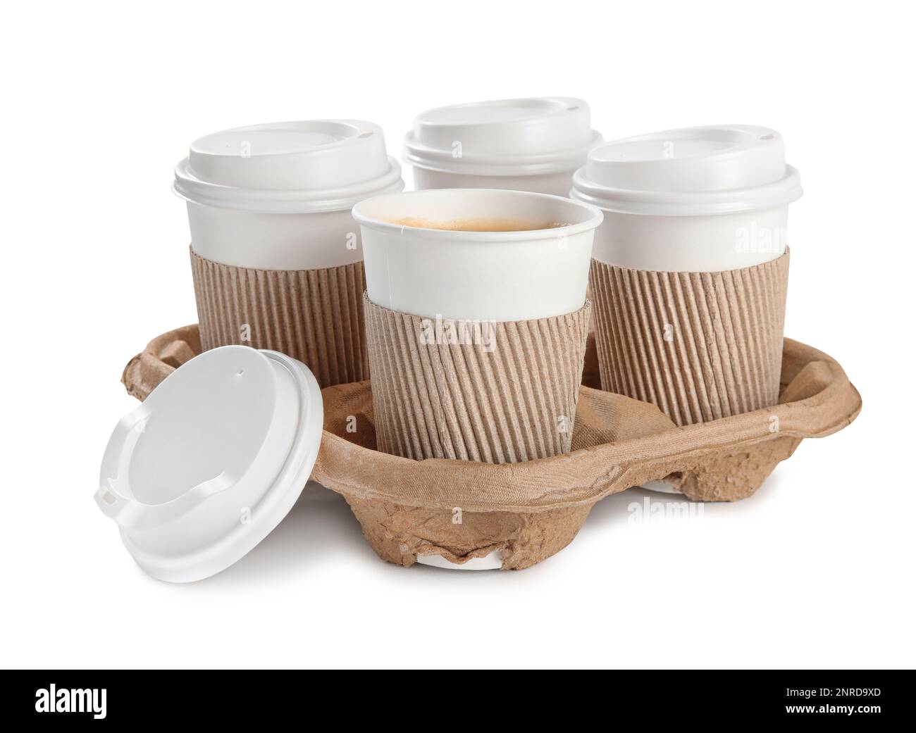 Takeaway paper coffee cups with sleeves in cardboard holder on white