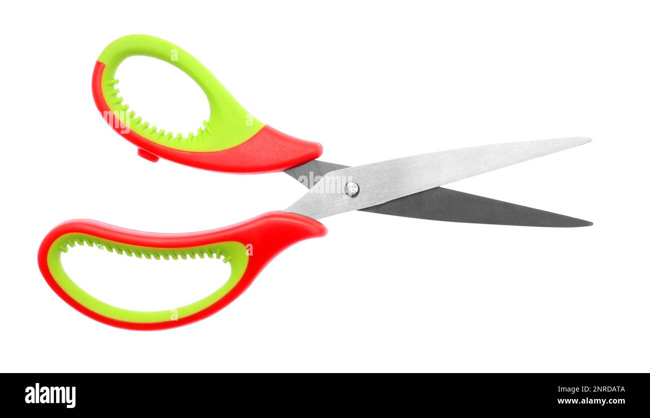 Office scissors with color handle isolated on white, top view Stock ...