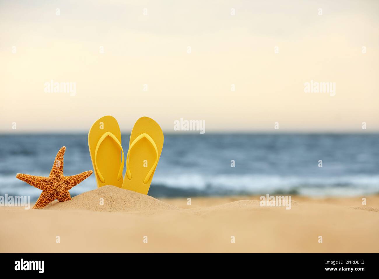 Yellow flip flops and starfish in sand near sea, space for text. Beach ...