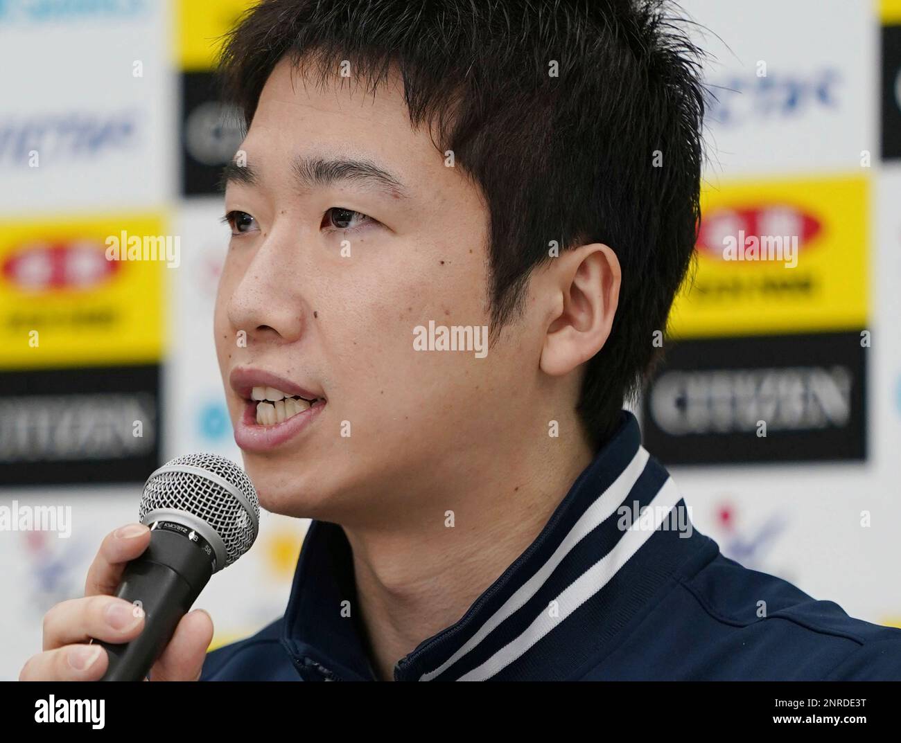 Japanese table tennis player Jun Mizutani attends a press conference prior to All Japan Table