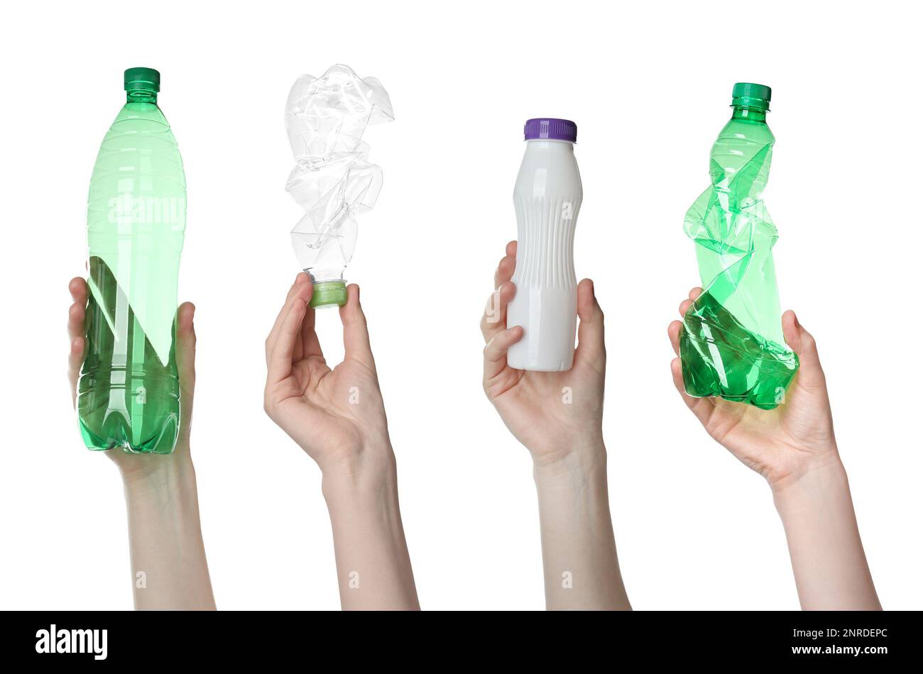 Collage with photos of women holding plastic bottles on white ...