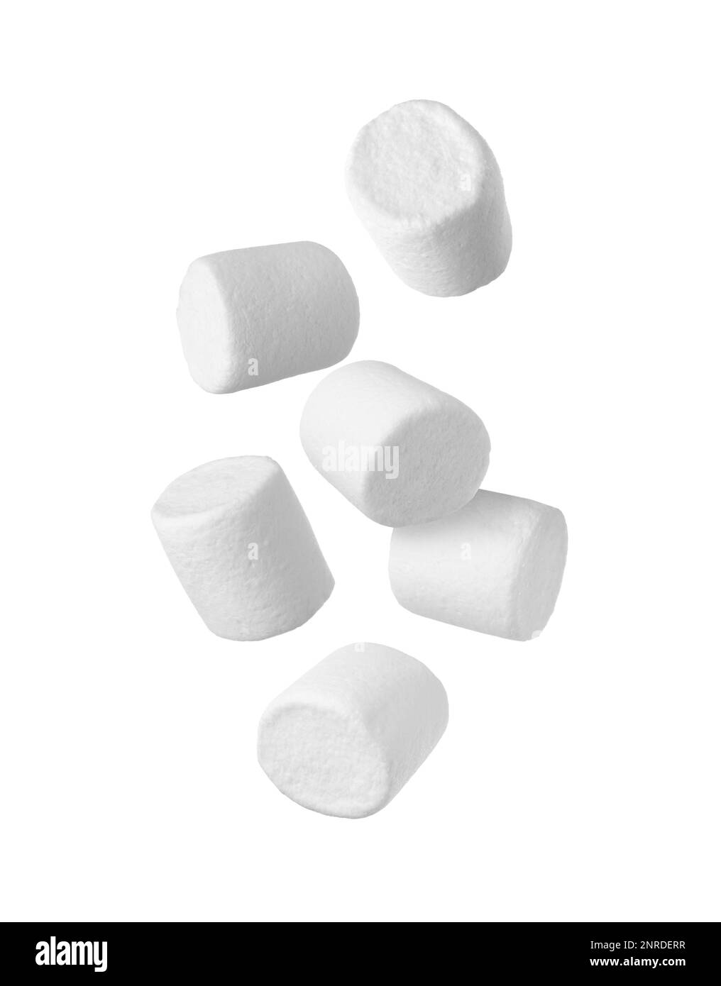 Delicious sweet puffy marshmallows flying on white background Stock ...