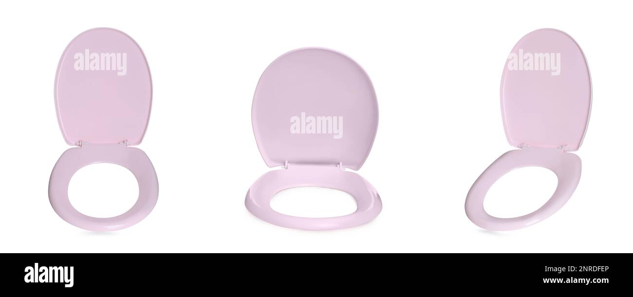 Set with pink plastic toilet seats on white background. Banner design