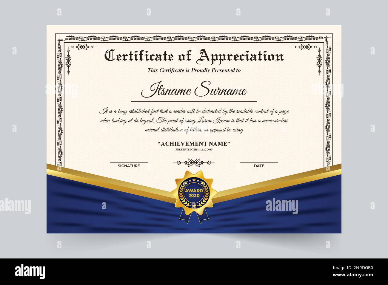 Certificate of appreciation and achievement vector design with blue and