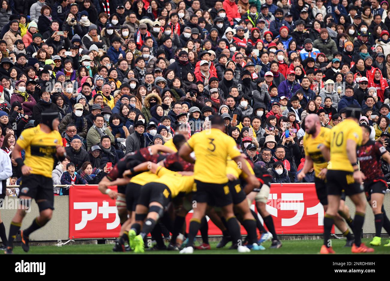 Lot of rugby fans gather to watch the Top League match between TOSHIBA Brave Lupus and Suntory Sungoliath at Chichibunomiya Rugby Stadium in Tokyo on January 12, 2020