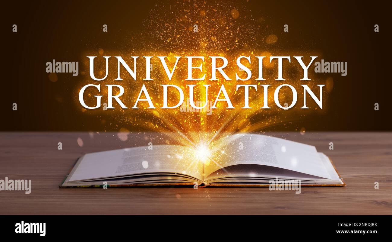 University Inscription Examples Educational inscription coming out from an open book Stock Photo - Alamy