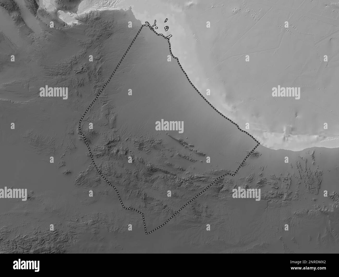 Awdal, region of Somalia. Grayscale elevation map with lakes and rivers Stock Photo