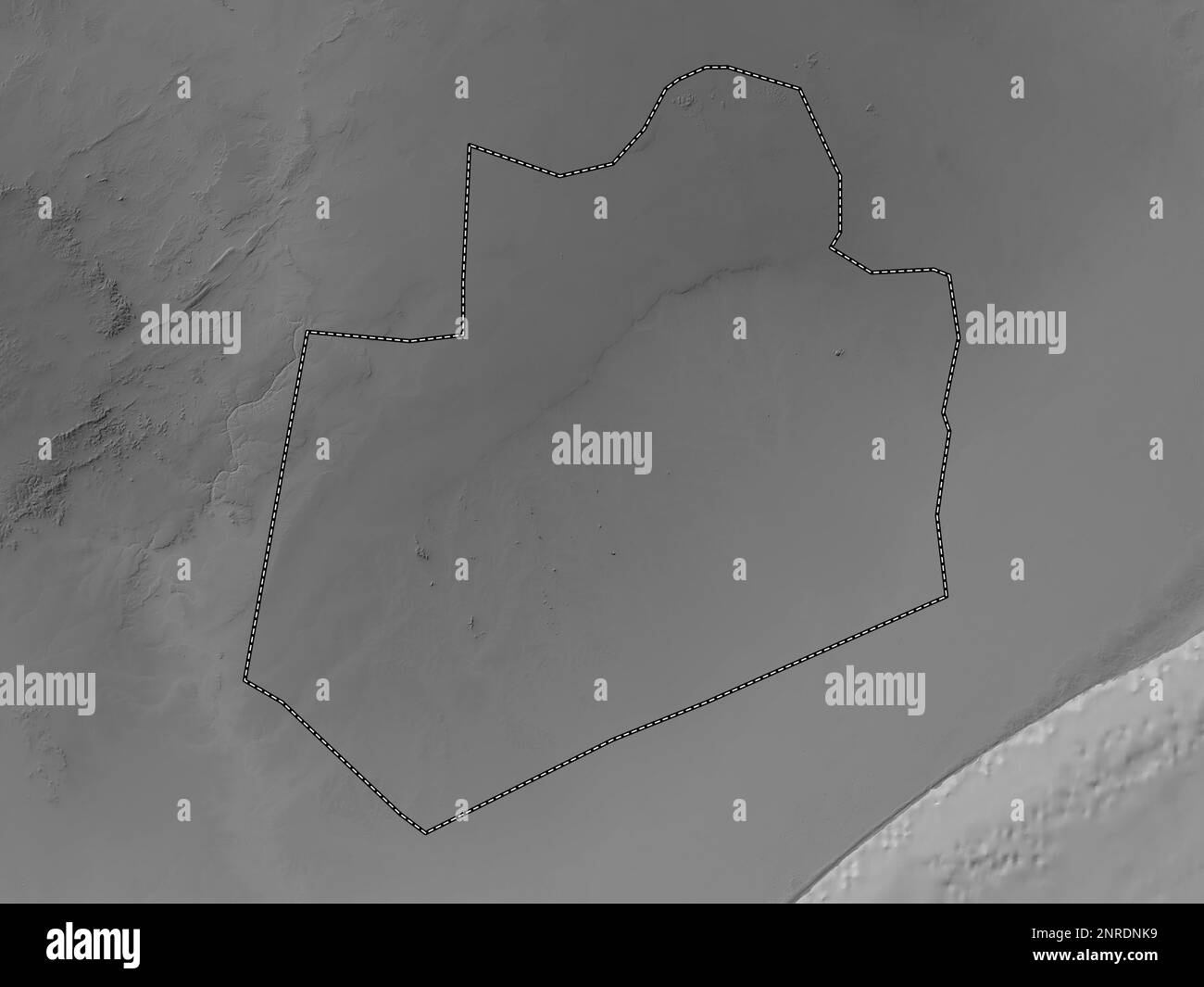 Bay, region of Somalia. Grayscale elevation map with lakes and rivers Stock Photo
