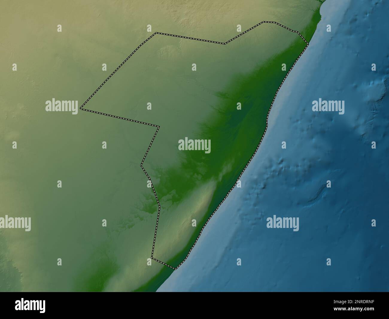 Mudug, region of Somalia. Colored elevation map with lakes and rivers Stock Photo