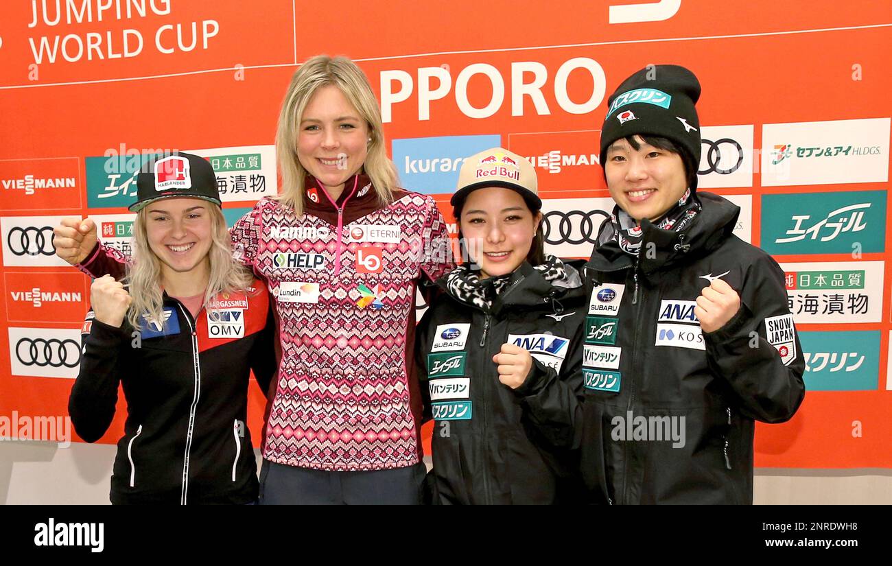 R-L) Japanese Yuki Ito, Sara Takanashi, Norweigian Maren Lundby, and  Austrian Chiara Hoelzl pose druing a news conference ahead of the FIS Ski  Jumping World Cup Women in Sapporo, Hokkaido on Jan.