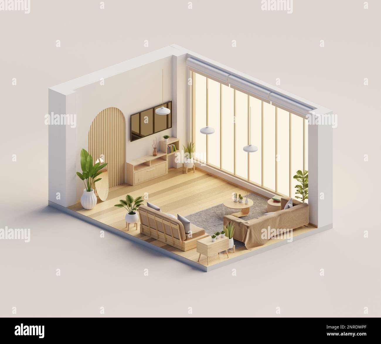 Isometric view living room muji style open inside interior architecture ...