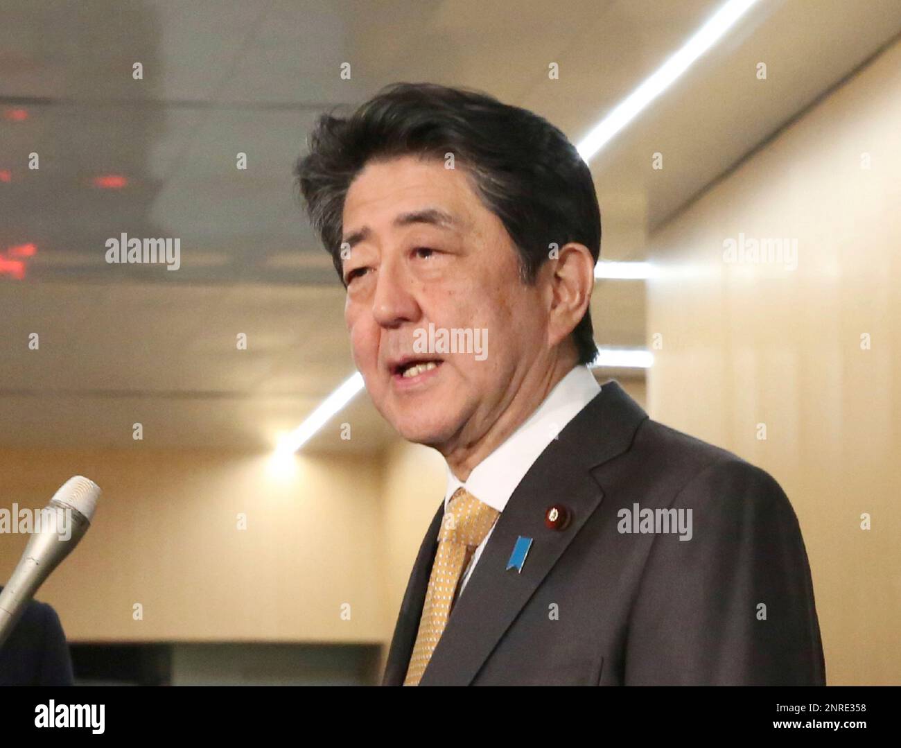 Japan's PM Shinzo Abe speaks to media about the Iran's attack to bases ...