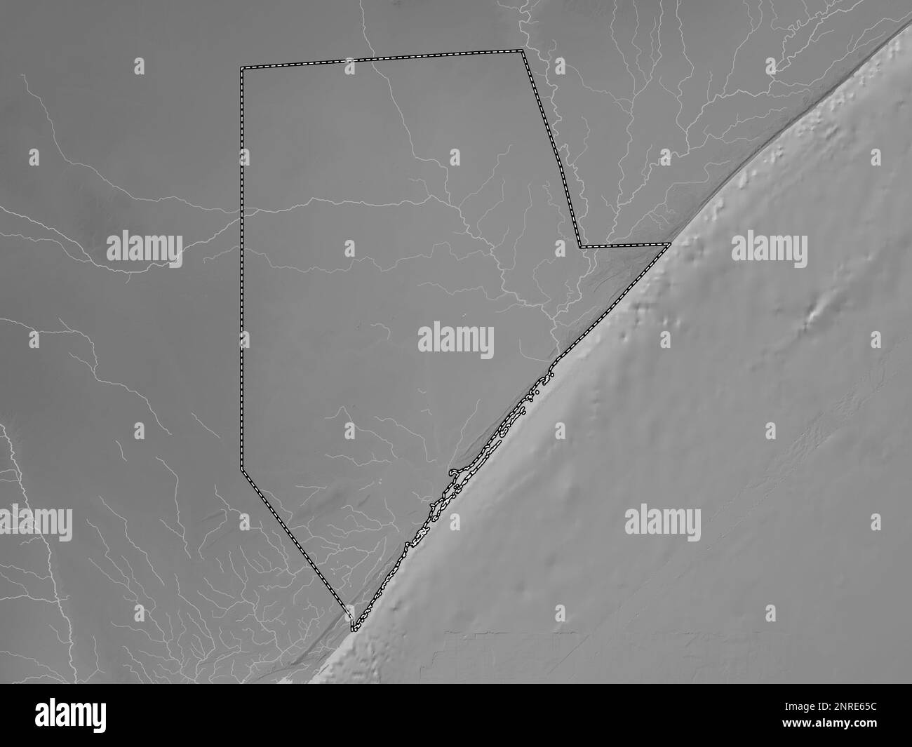 Jubbada Hoose, region of Somalia Mainland. Grayscale elevation map with lakes and rivers Stock Photo