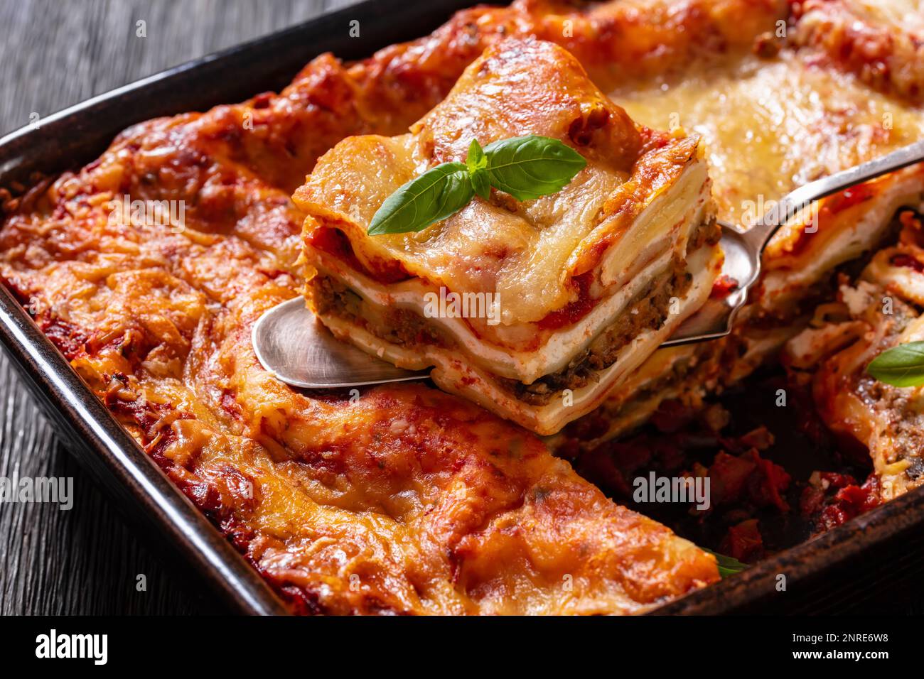 closeup of a piece of Lasagna with ricotta cheese, ground beef