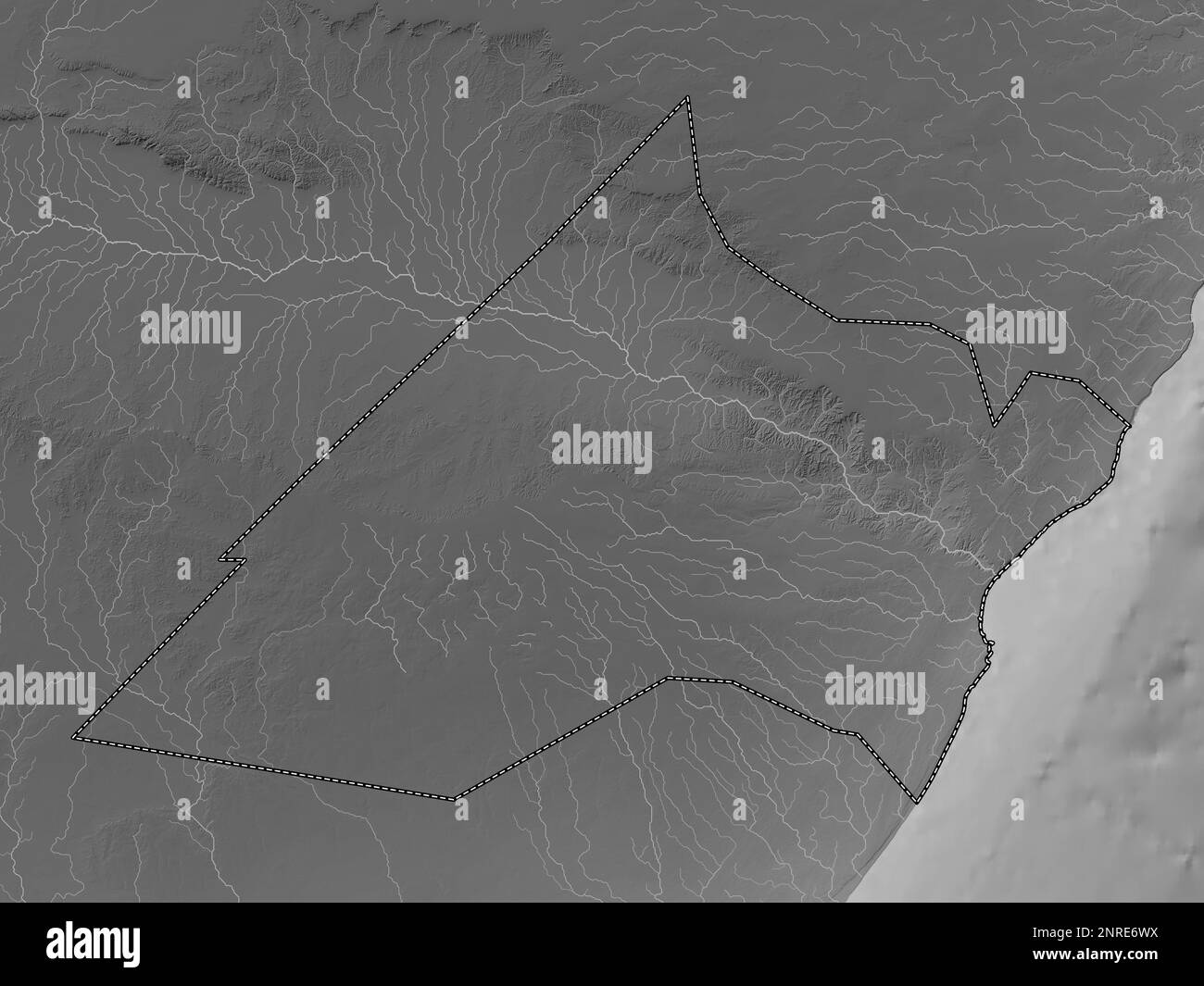 Nugaal, region of Somalia Mainland. Grayscale elevation map with lakes and rivers Stock Photo