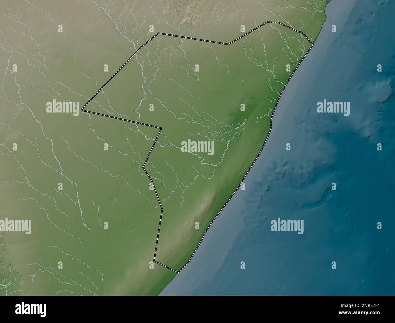 Mudug, region of Somalia Mainland. Elevation map colored in wiki style with lakes and rivers Stock Photo