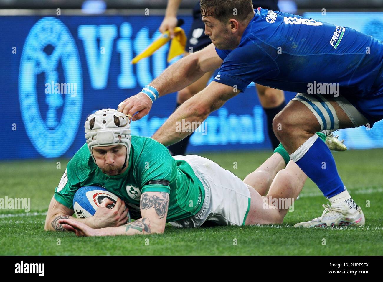 Mack Hansen of Ireland scores a try during the Six Nations 2023 rugby union  match between