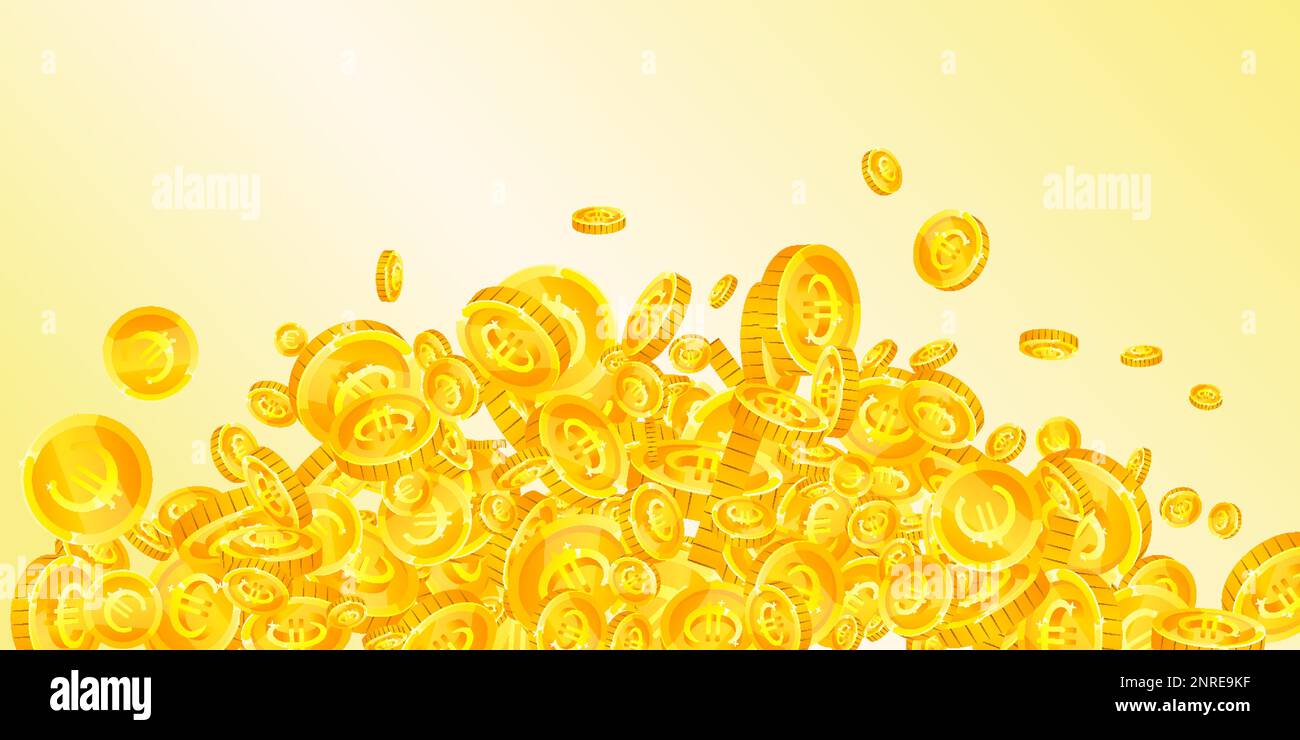 European Union Euro coins falling. Scattered gold EUR coins. Europe