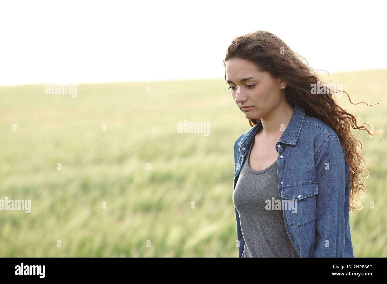 Sad woman walking alone in a wheat field Stock Photo