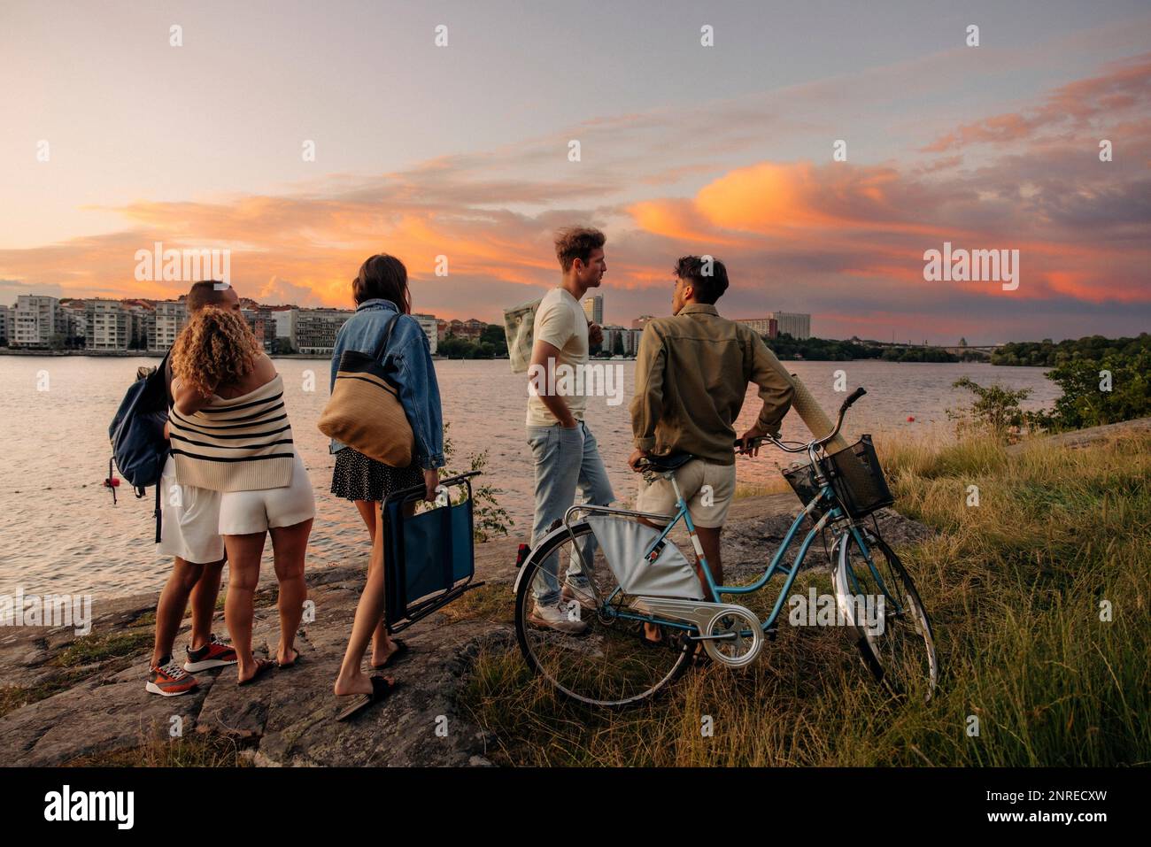 Multiracial male and female friends standing and talking on rock by sea during sunset Stock Photo