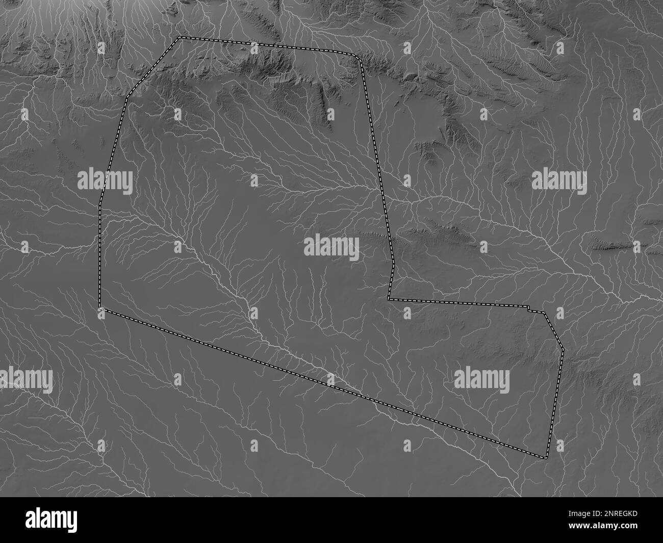 Togdheer, region of Somaliland. Grayscale elevation map with lakes and rivers Stock Photo