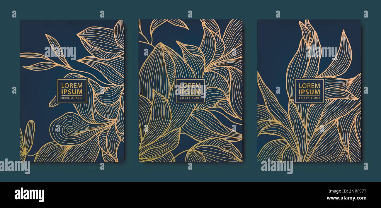 Vector japanese leaves art deco patterns. Floral golden elements