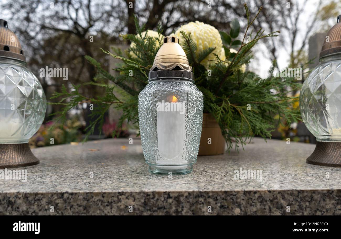 Cemetery grave candle glass lantern. All Saints' Day, Feast of All