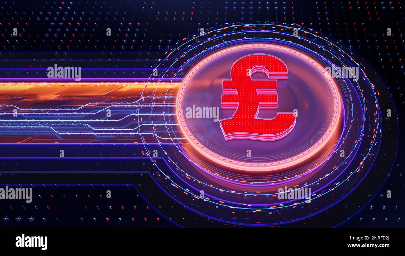Pound symbol on abstract dark technological background. Currency coin ...