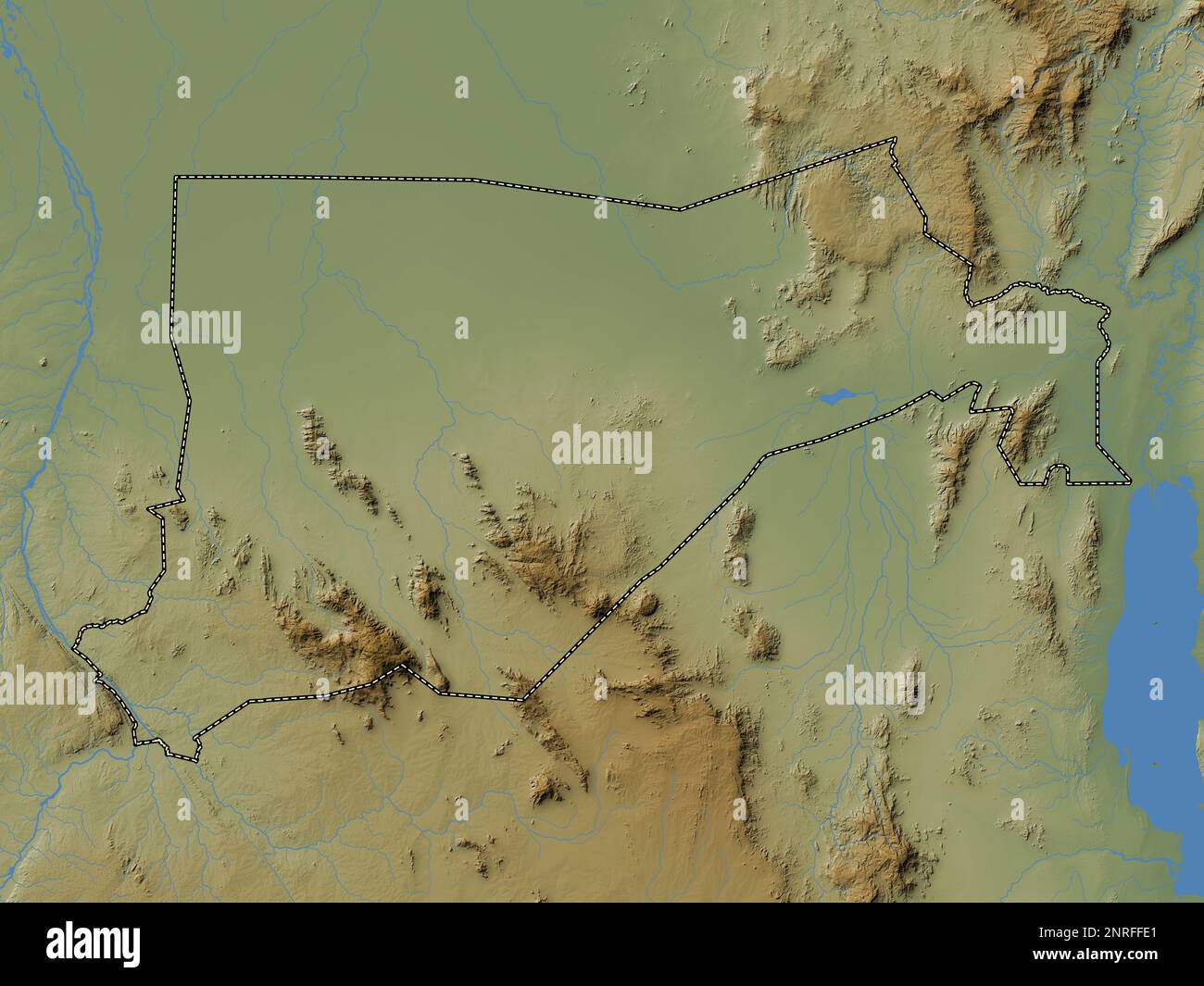 Eastern Equatoria, state of South Sudan. Colored elevation map with lakes and rivers Stock Photo