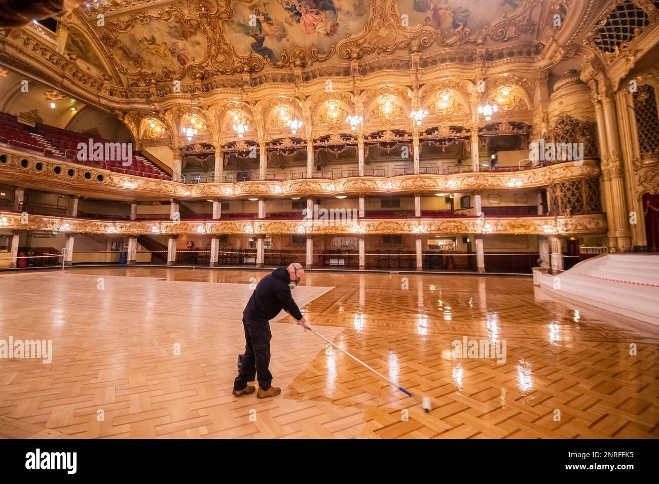 Blackpool Tower Ballroom floor undergoes it’s annual polish during a three-day refresh process, Blackpool, UK. Picture date: Sunday February 26, 2023. Stock Photo