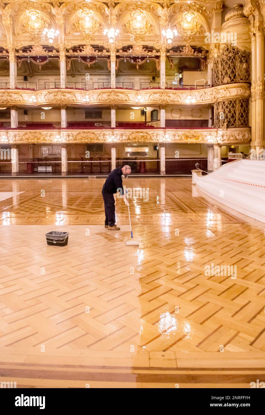 Blackpool Tower Ballroom floor undergoes it’s annual polish during a three-day refresh process, Blackpool, UK. Picture date: Sunday February 26, 2023. Stock Photo