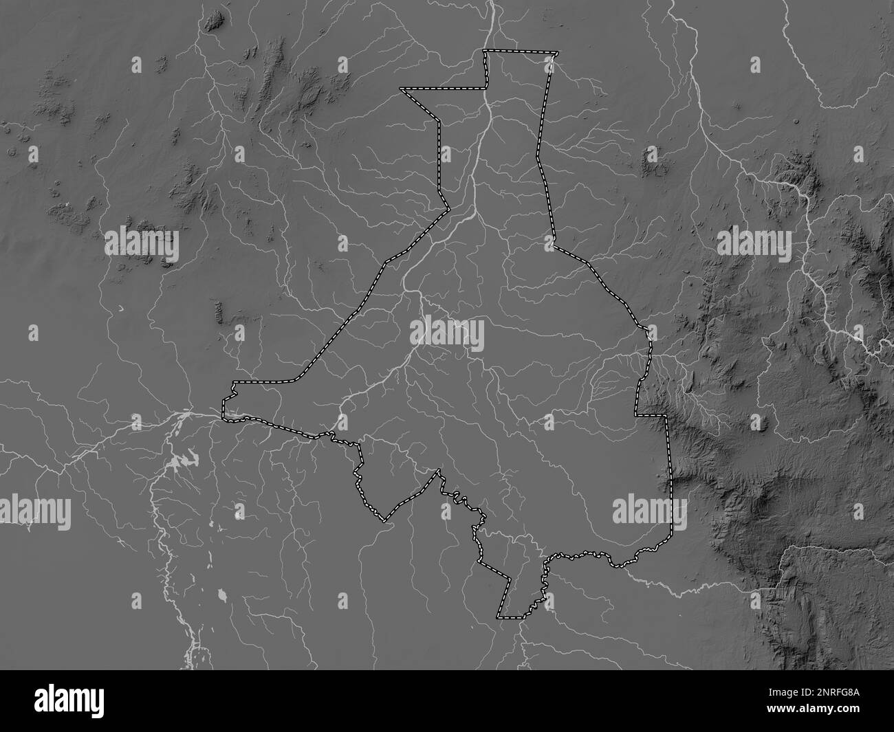 Upper Nile, state of South Sudan. Grayscale elevation map with lakes