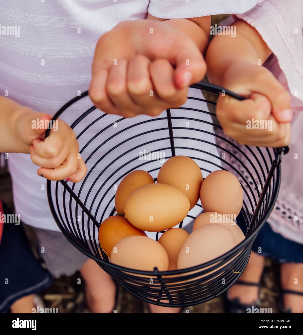 kids holding a basket of eggs Stock Photo