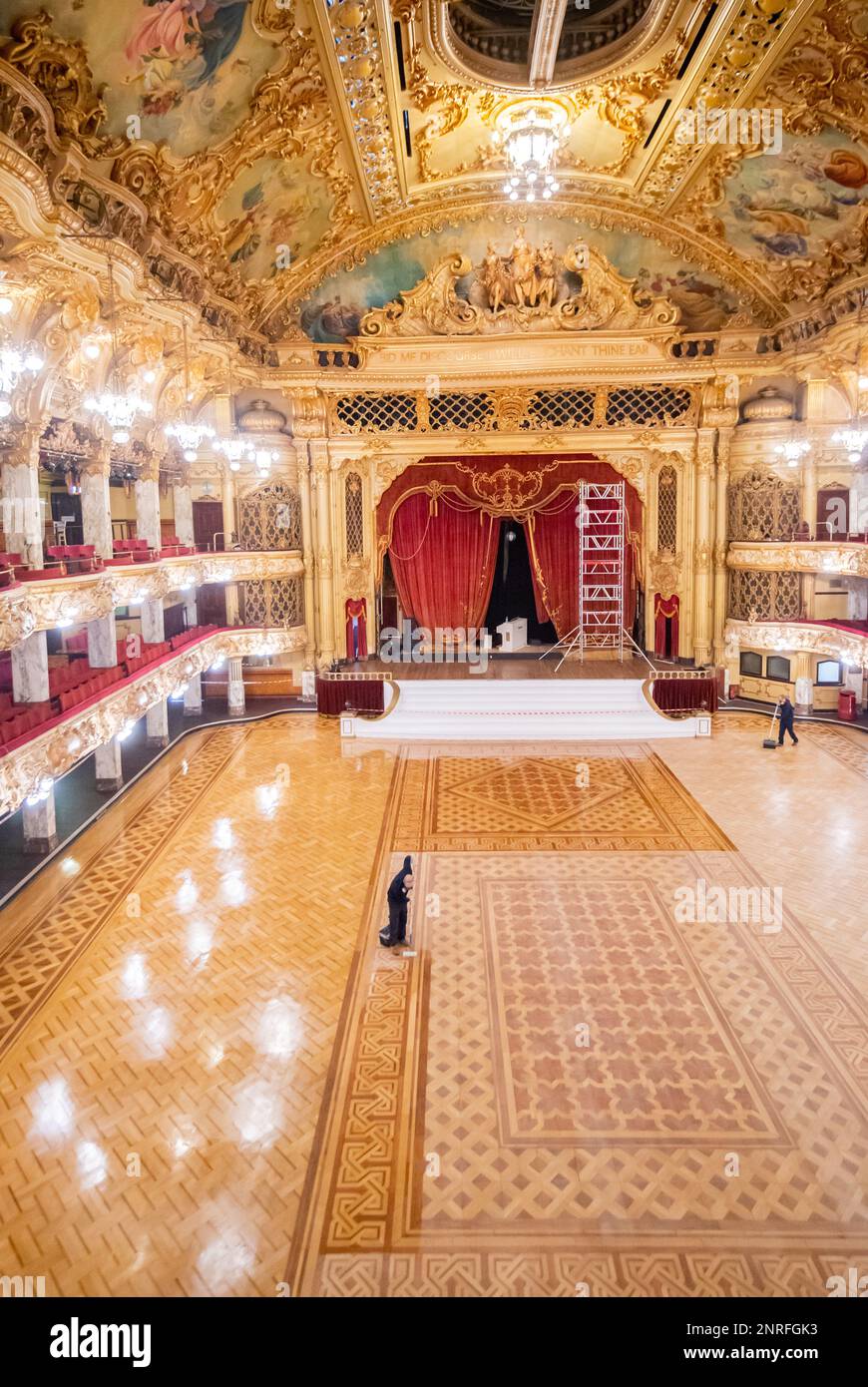 Blackpool Tower Ballroom floor undergoes it’s annual polish during a three-day refresh process, Blackpool, UK. Picture date: Sunday February 26, 2023. Stock Photo