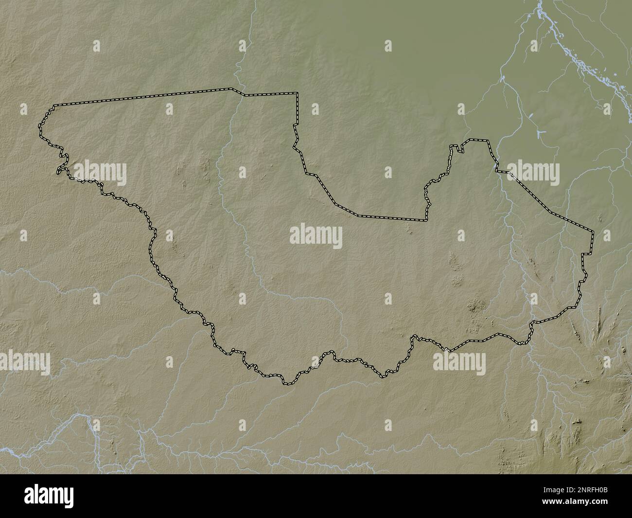 Western Equatoria, state of South Sudan. Elevation map colored in wiki style with lakes and rivers Stock Photo