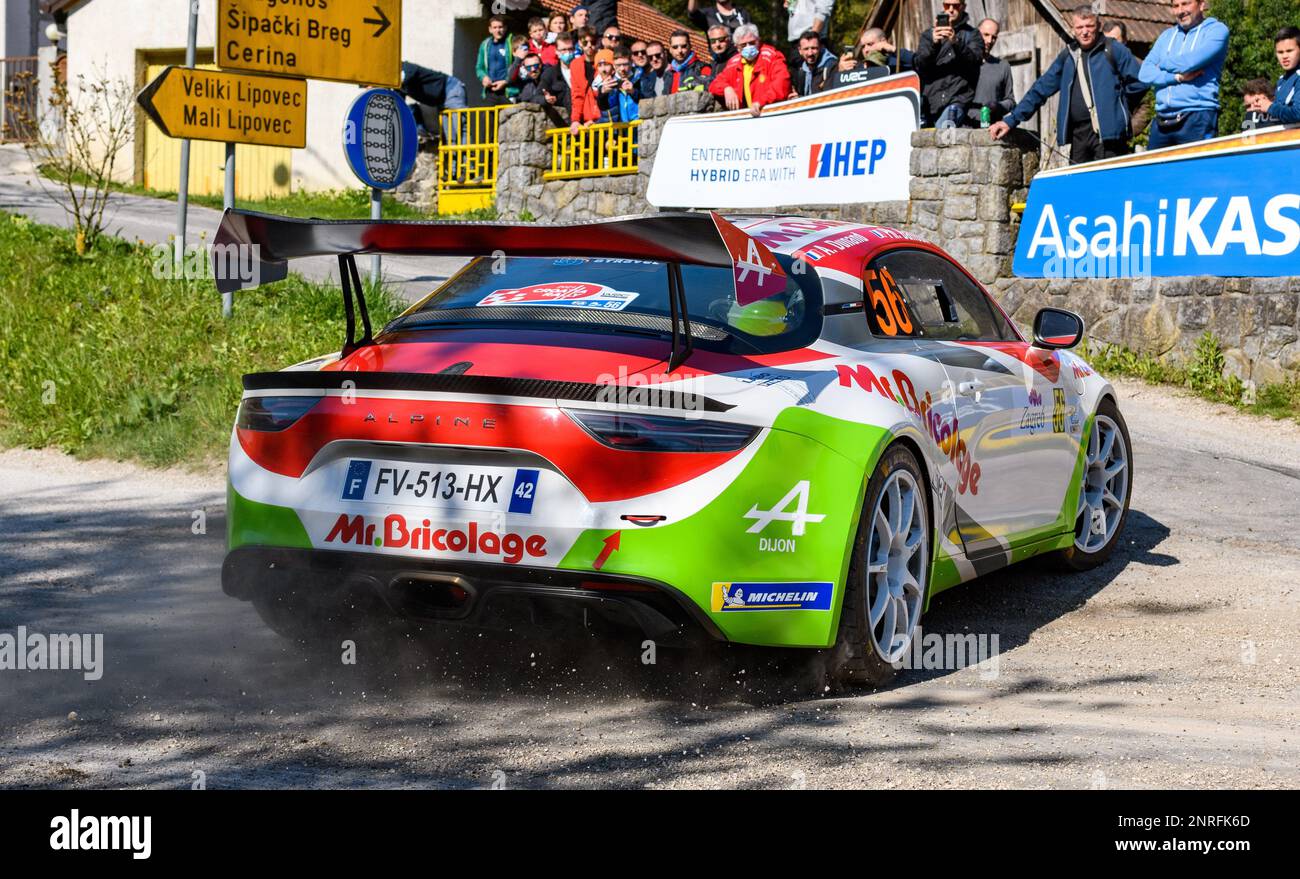Alpine WRC race car drifting through a hairpin corner at Rally Croatia ...