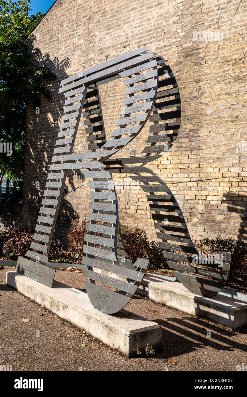 This large bronze R sculpture in Romsey, Cambridge, UK celebrates the