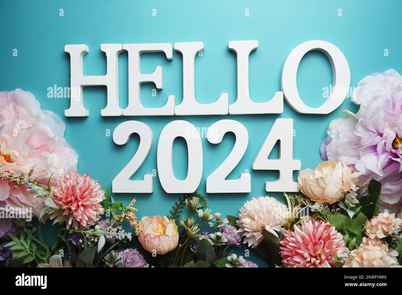 Hello 2025 alphabet letter with flower decoration on blue background