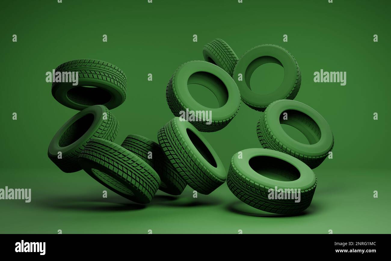 Car tires industry, used waste wheels concept, recycling. New wheels