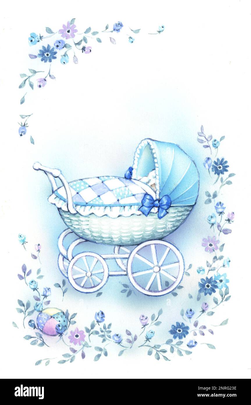 Baby-boy pram with flowers on white Stock Photo - Alamy