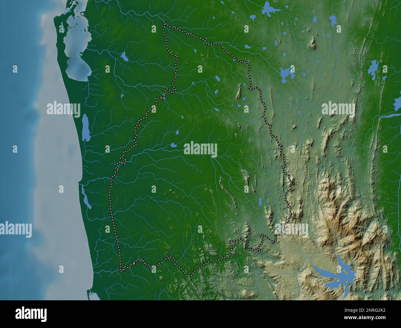 Kurunegala, district of Sri Lanka. Colored elevation map with lakes and ...