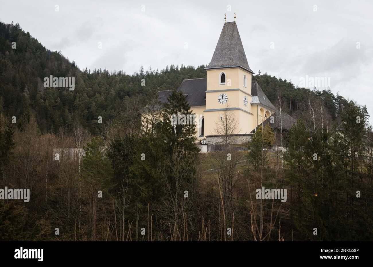 Catholic church on top of hill at Hollenstein an der Ybbs, Austria Stock Photo