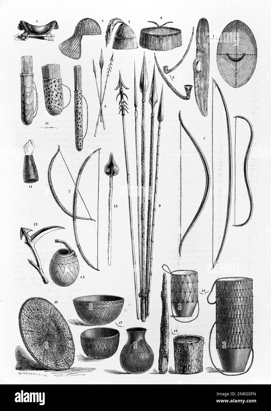 Display of Weapons, Spears, Bows & Arrows, Pottery, Musical Instruments and Kitchen Utensils Used by Tribes including the Nuer People Along the Bahr el Ghazal River in the White Nile Region of South Sudan. Vintage Engraving or Illustration 1862 Stock Photo