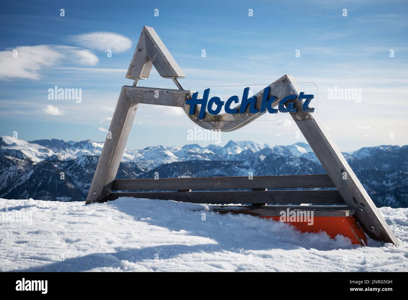 Hochkar sign on top of peak at skiing resort in Lower Austria during winter. Stock Photo